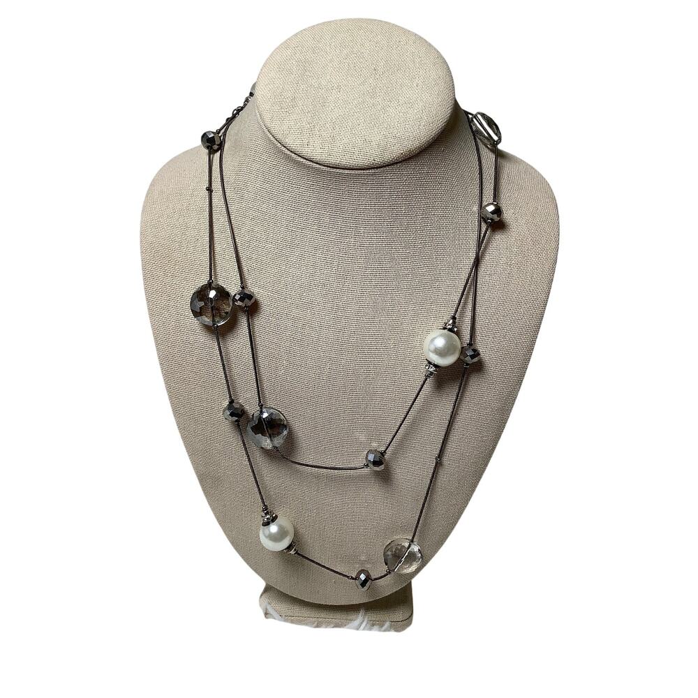 Lane Bryant Silver Tone Multi Strand Faux Pearl Crystal Station Necklace F14-23